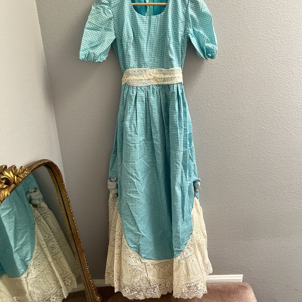Vintage Prairie Peasant Boho 70’s Handmade Blue Gingham Dress w Lace Trim&Tulle